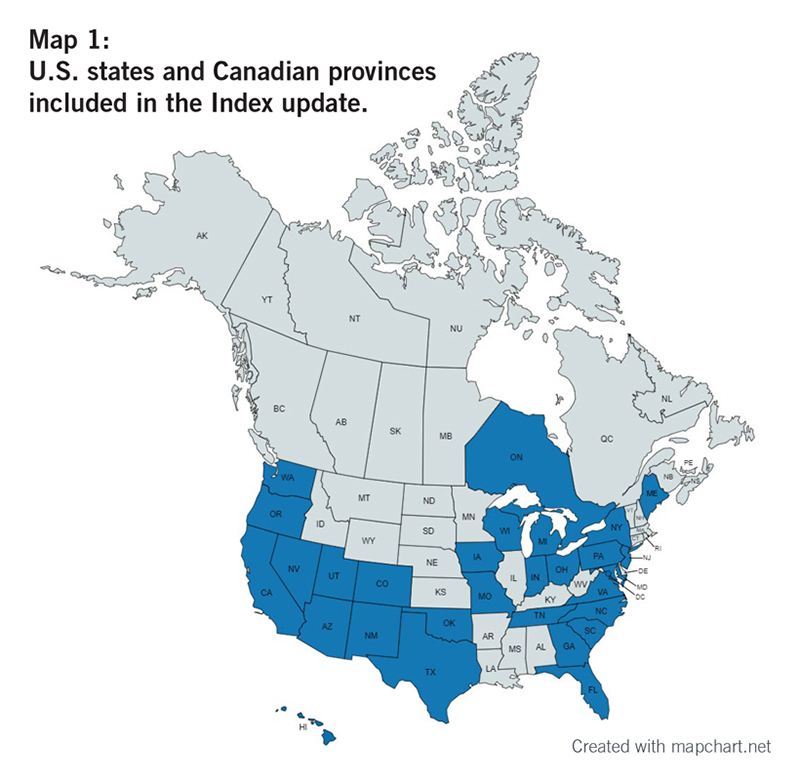 Map 1:  U.S. states and Canadian provinces included in the Index update.