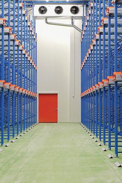 Cold storage room orange door