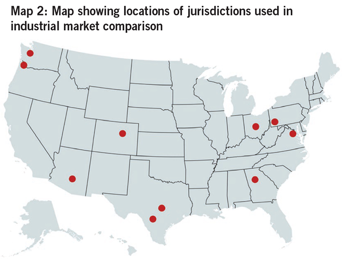 Map 2: Map showing locations of jurisdictions used in industrial market comparison